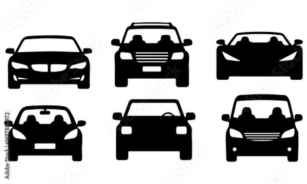 Fototapeta Diverse Vehicle Front View Silhouettes Vector Set: Collection of Six Car Types Including Sedans, SUVs, and a Minivan for Transportation and Automotive Design Projects.