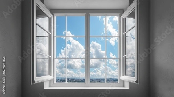 Fototapeta Open window, bright sky, city view