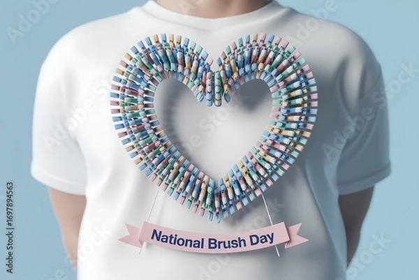 Fototapeta Celebrate National Brush Day with a heartwarming display of colorful toothbrushes forming a vibrant heart shape on a white tee