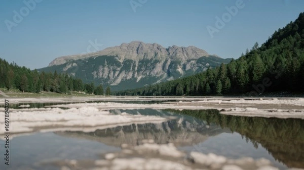 Fototapeta Picturesque reflection of mountain range and forest in a tranquil lake scene
