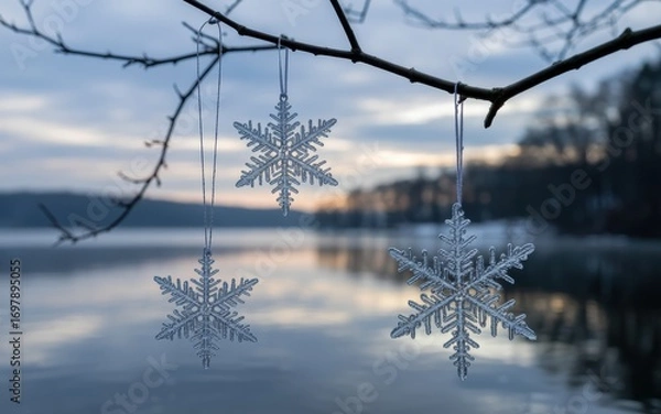 Fototapeta Three decorative snowflakes hanging from a branch over a calm lake at dawn