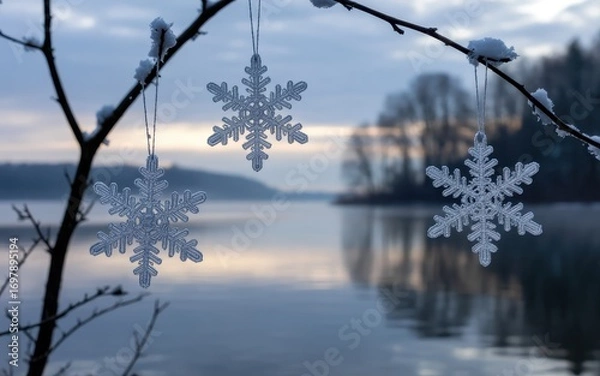 Fototapeta Three decorative snowflakes hanging from a branch over a calm lake at dusk