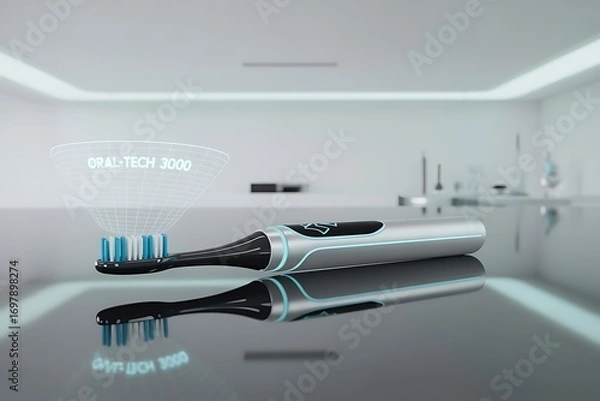 Fototapeta Experience advanced dental care with the futuristic ORAL-TECH 3000 electric toothbrush, showcasing innovation and hygiene in a modern setting.