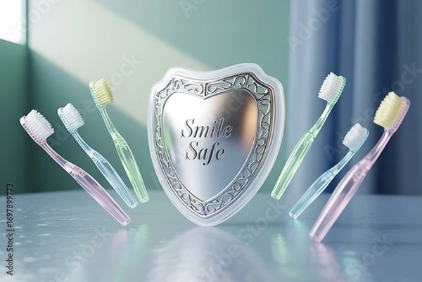 Fototapeta Protect your smile with these vibrant toothbrushes and a gleaming shield symbolizing dental care and oral hygiene excellence
