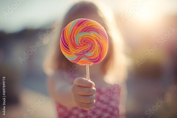 Obraz Girl holding rainbow lollipop in her hand