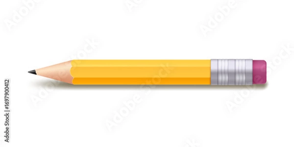 Fototapeta Realistic yellow sharpened pencil with red eraser isolated on white background. Vector 3d illustration.