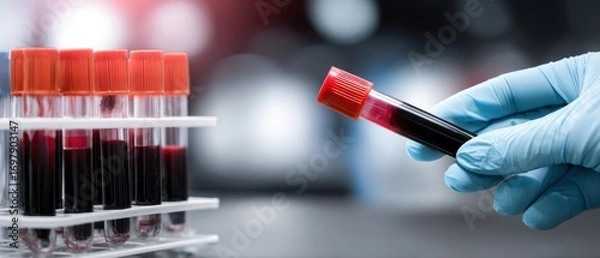 Fototapeta The Blood Vial Held by Gloved Hand Beside Rack of Test Tubes in Laboratory