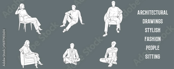 Fototapeta Architectural Drawings stylish modern fashion people sitting in relaxed and elegant poses vector illustration,  front view, human person Minimal style hand drawn. Sections, Elevations, Floor Plans