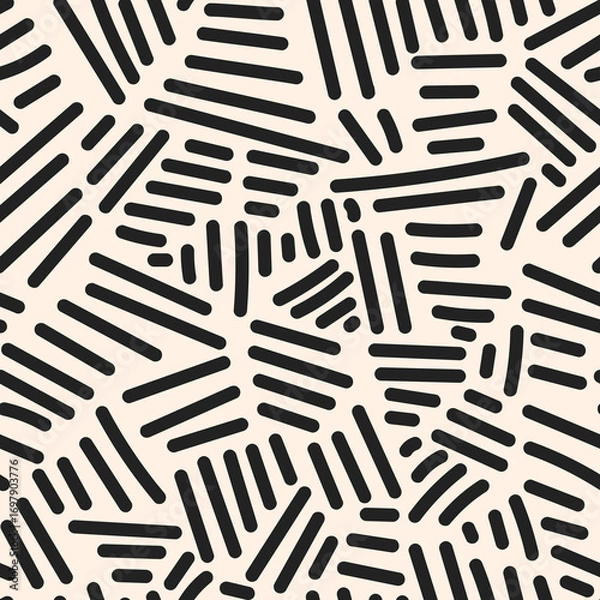 Fototapeta Black lines scatter on beige in a dynamic abstract repeat, ideal for wallpaper or textiles