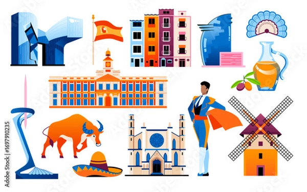 Fototapeta Spanish landmarks and symbols - set of flat design style objects