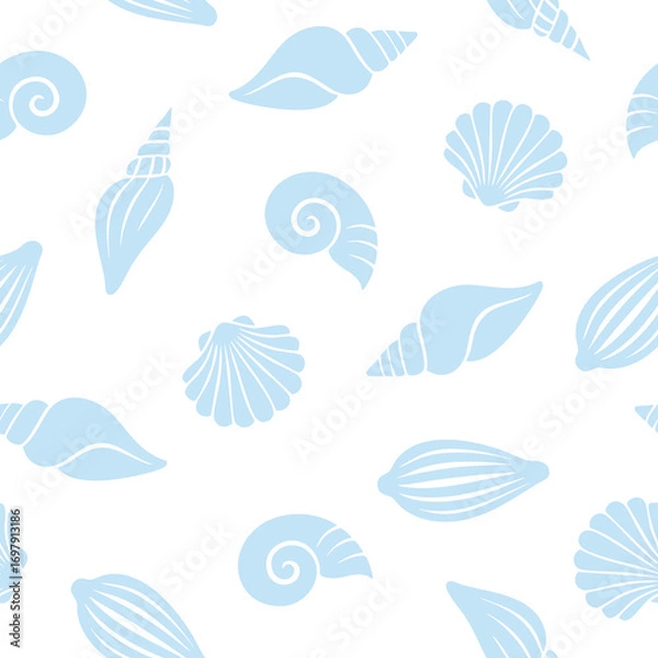 Fototapeta Light blue seashells on white create a clean seamless pattern for beach-themed textile design