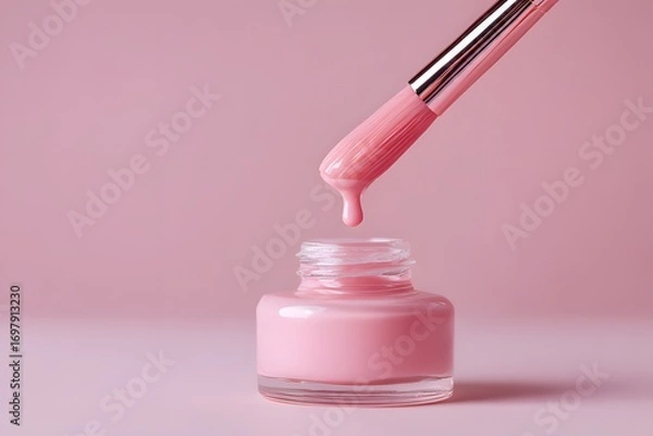 Fototapeta Close-up of manicured hand with glossy pink nails and nail brush applying pink nail polish against pastel pink background