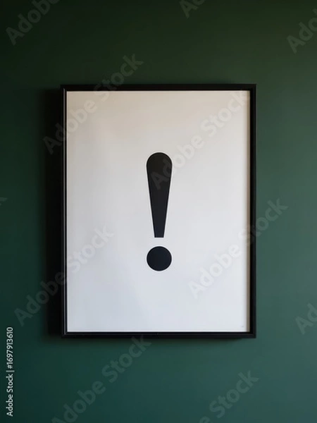 Fototapeta Exclamation mark in a black frame isolated on white background, green wall