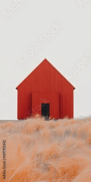 Fototapeta A red barn stands in a field of tall grass under a white sky