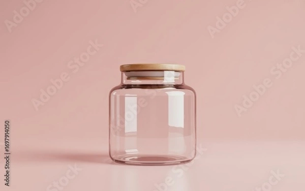 Fototapeta Empty glass jar with wooden lid on pink background, studio shot