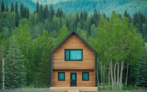 Fototapeta Cozy cabin nestled in the woods with lush green trees and mountain views