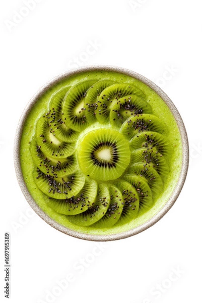 Fototapeta A vibrant green smoothie bowl topped with perfectly arranged kiwi slices and black chia seeds, isolated on a transparent background