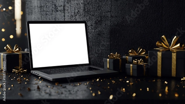 Fototapeta Laptop mockup for Black Friday advertising. The laptop sits on a table strewn with golden confetti, next to a pile of gifts. Online shopping. Sale, discounts and promotions
