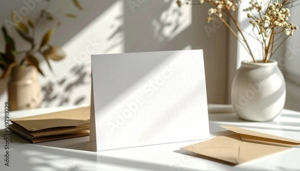 Obraz Minimalist stationery mockup featuring a blank white greeting card and kraft envelope on a sunlit desk with botanical shadows and dried flowers