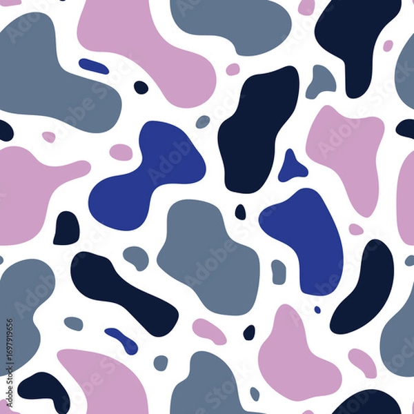 Fototapeta Seamless pattern with abstract organic shapes in blue, navy, violet, and purple tones.