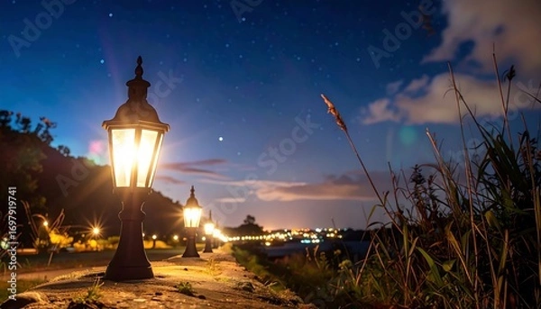 Obraz Night landscape with lit pathway lanterns