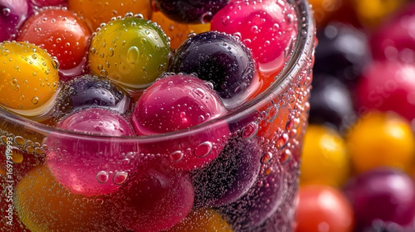 Fototapeta Colorful Boba Pearls in Glass Refreshing Drink with Bubbles Macro Close-up