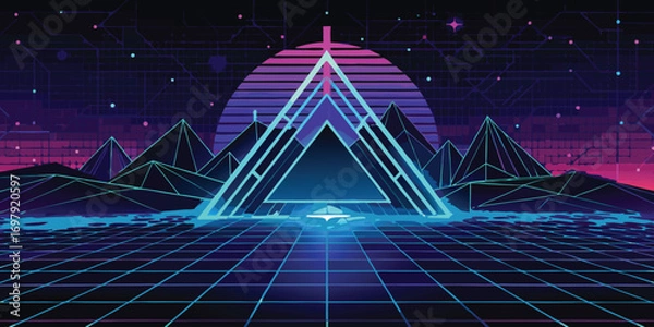 Fototapeta Abstract geometric digital landscape illustration evoking a futuristic vaporwave aesthetic with neon gradients and grid patterns.