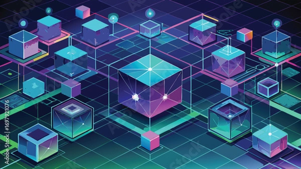 Fototapeta Abstract illustration of data cubes and network connections rendered with a futuristic isometric perspective
