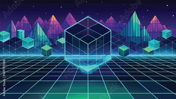 Fototapeta Abstract neon geometric landscape with glowing cubes and grids representing digital technology and futuristic concepts