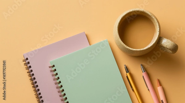 Fototapeta Pastel Desk Arrangement with Notebooks Coffee and Pens Minimalist Styled