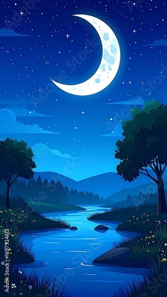 Obraz Night scene, crescent moon over river