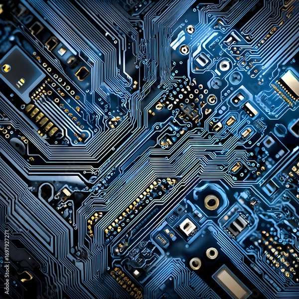 Fototapeta Intricate Blue Circuit Board: Close-up Macro Photography of Electronic Components and Pathways.