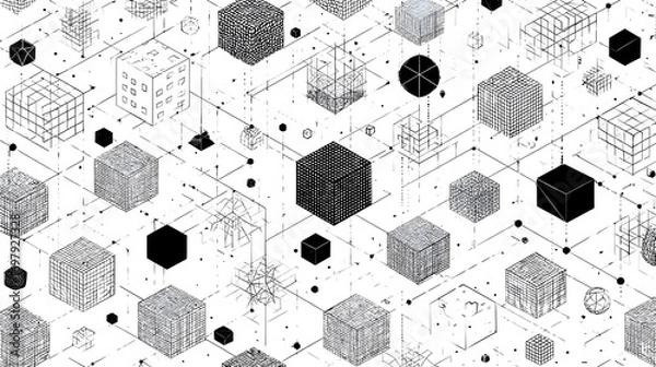 Fototapeta Dynamic Isometric Grid: Abstract Black and White Cubes Interconnected by Digital Lines and Nodes.