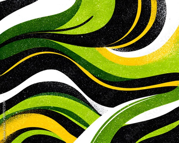 Fototapeta Vibrant Abstract Wavy Pattern with Grainy Green Yellow Black and White Textured Stripes.