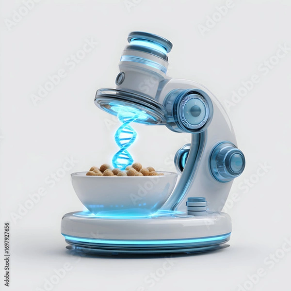 Fototapeta Decoding Nutrition: Futuristic Microscope Analyzes Glowing DNA from a Cereal Bowl.