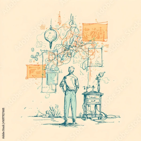 Fototapeta Contemplating the Network: A Sketch of Information Overload and Technological Interconnectivity.