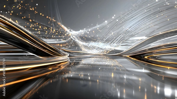 Fototapeta Dynamic Abstract Flow: Golden Light Streaks and Particles on Reflective Grey Surface.