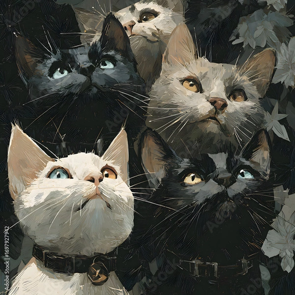 Fototapeta A Captivating Ensemble of Feline Faces Gazing Upwards in Dramatic Light.