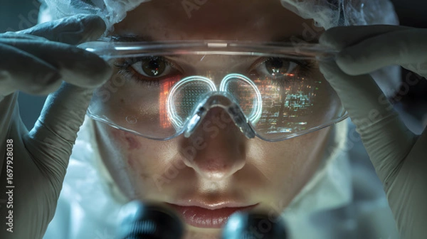 Fototapeta Scientists Intense Gaze: Futuristic Lab Work Reflected Data Protective Eyewear.