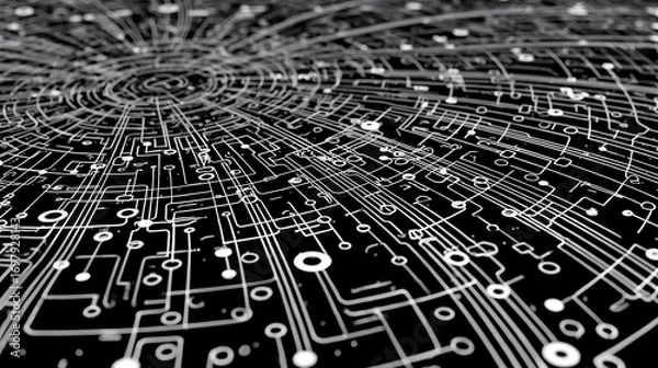 Fototapeta Vast Radial Circuit Board Landscape with Glowing White Digital Pathways.