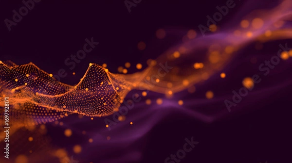 Fototapeta Ethereal Orange Particle Waveform on Deep Purple Abstract Background.