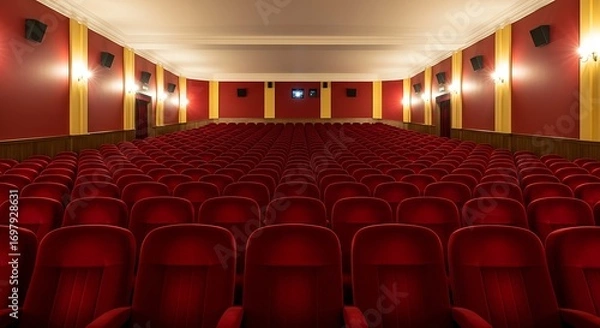 Fototapeta The quiet anticipation of a vintage cinema hall, with rows of vacant red chairs before the film starts