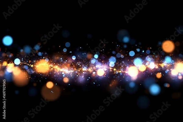 Fototapeta Glowing particles with blue and orange bokeh lights floating on black background create magical atmosphere for festive designs and holiday backgrounds.