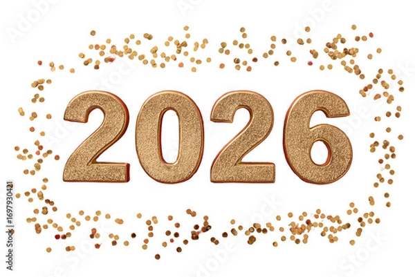 Fototapeta Year 2026 graphic, brown digits, confetti border