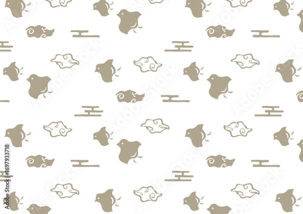 Obraz 千鳥と霊芝雲の手彫りスタンプ風シームレス背景