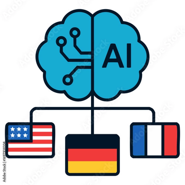 Fototapeta AI Language Translation Brain with Flags – Vector Illustration