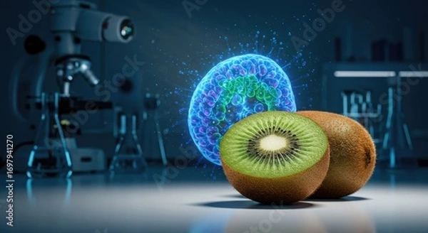 Obraz Kiwi fruit and microscopic image in a laboratory setting