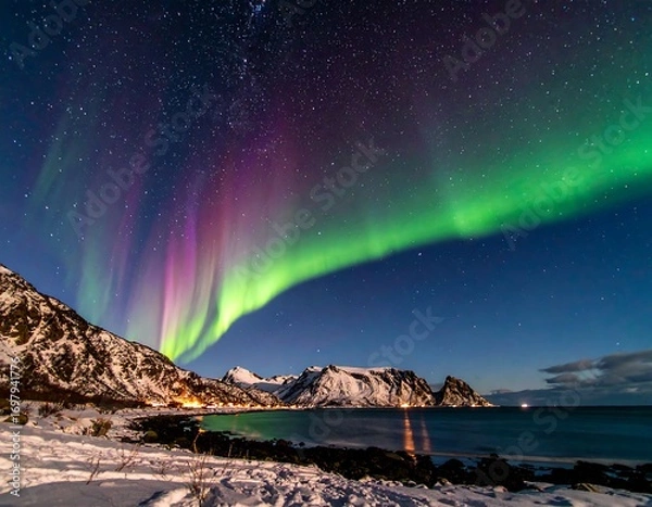 Obraz Northern Lights over a snowy landscape