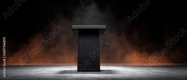 Obraz Minimalist black pedestal stand on dark smoky background with orange glow lighting and reflective surface for product display or showcasing