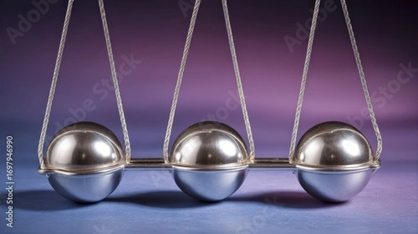 Obraz Close-up of a Newton's cradle with four metallic balls suspended on thin sts, illustrating physics concepts of motion and energy transfer